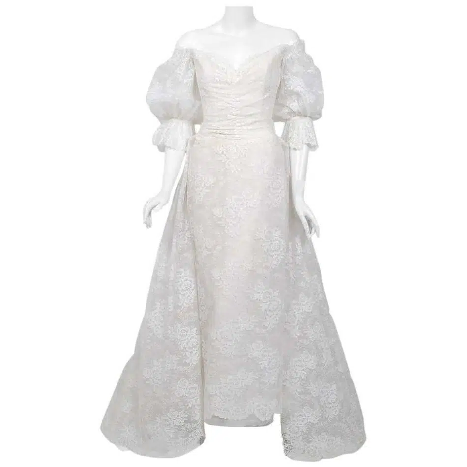 Christian Dior Haute Couture White Lace Off-Shoulder Trained Bridal Gown, 1987