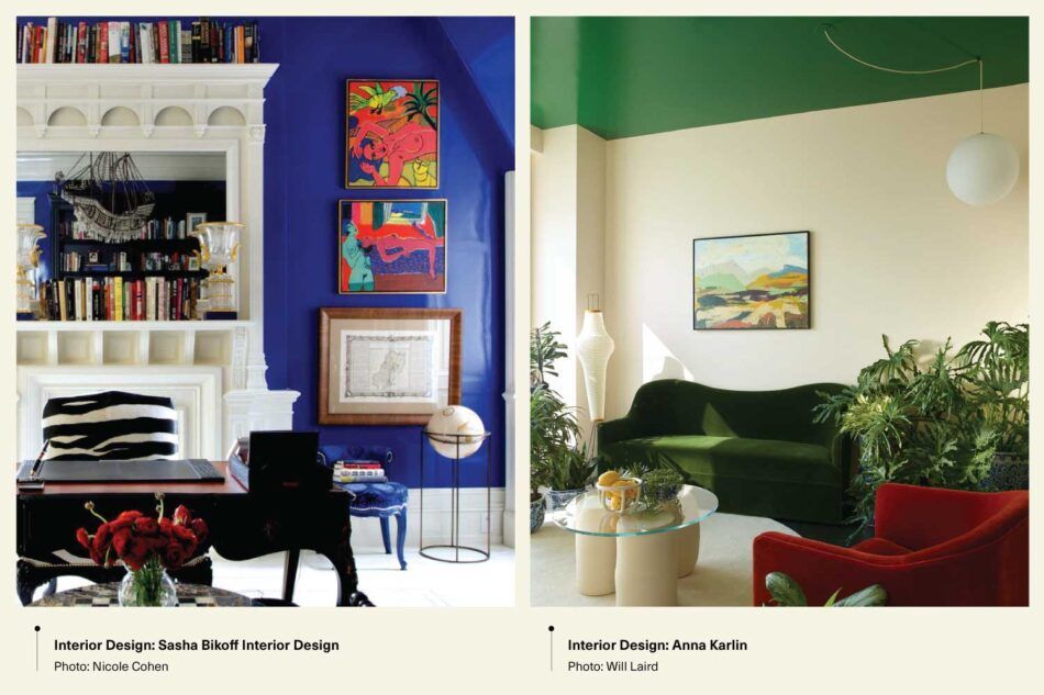 on the left is an image of an office with cobalt blue walls. on the right is an image of sanctuary with green couch and plants.