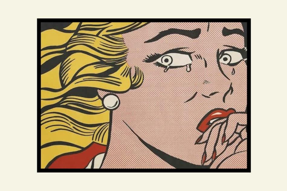 Roy Lichtenstein's Crying Girl painting which features a woman with bright blonde hair and red lipstick with tears forming at the corner of her eyes.
