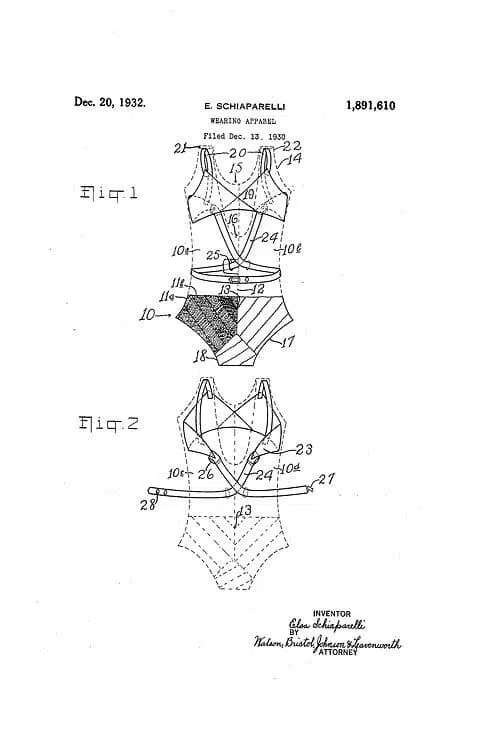 Elsa Schiaparelli's patent application for her 1932 invention, a backless swimsuit with a built-in bra. 