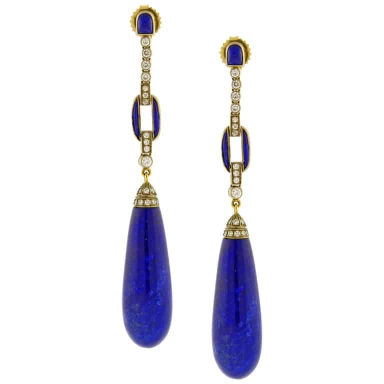 Lapis and Diamond Long Drop Earrings