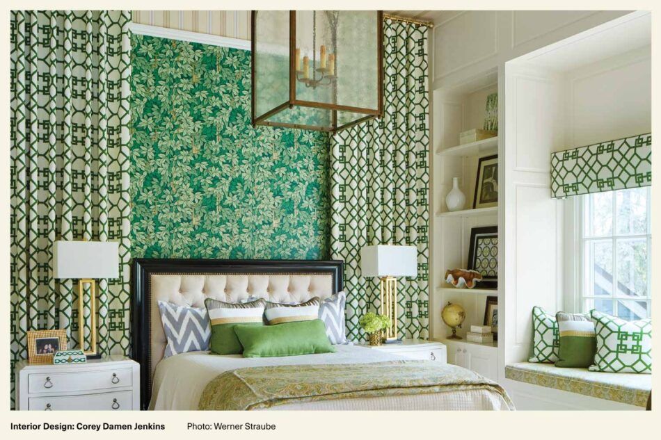 bedroom with green patterned wallpaper 