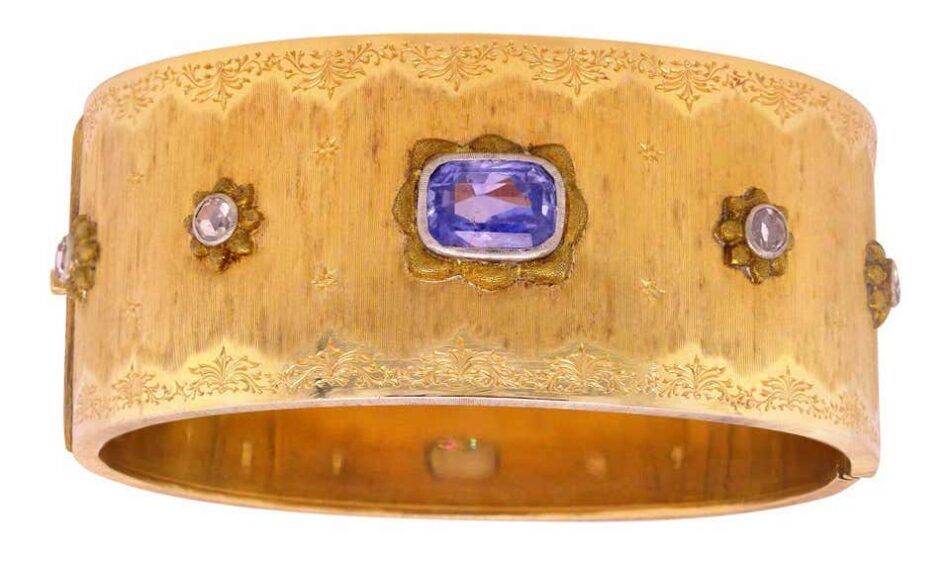 Buccellati Yellow Gold and Rose Cut Diamond Cuff Bracelet with Sapphire Center, 21st century