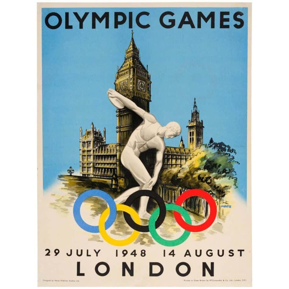 Poster design for the 1948 London Olympic Games depicting the Discobolus of Myron statue, the Olympic rings, and the Big Ben clock tower
