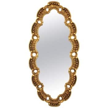 Large Francisco Hurtado Scalloped Giltwood Oval Mirror with Carved Scroll-Work