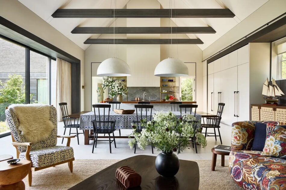 Texture and pattern ripple across the open-plan space of a Nantucket house designed by ABD Studio.
