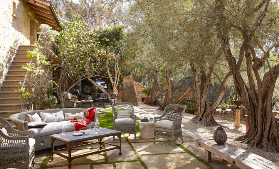 a patio with trees and a seating area