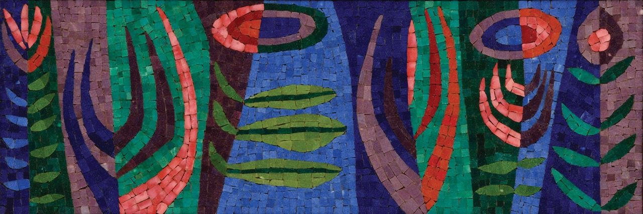 mosaic with blue, green, red, and pink tiles