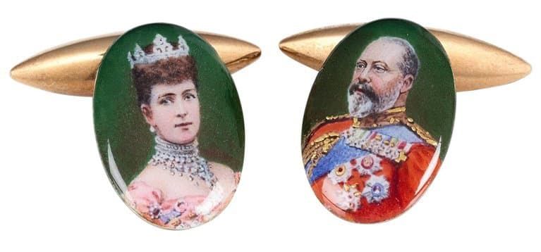 Gold and enamel cufflinks depicting Queen Alexandra and King Edward VII, ca. 1905