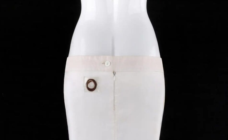 Detail shot of Alexander McQueen bumster skirt with hair label