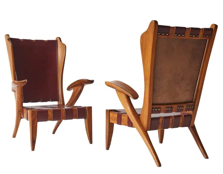 Guglielmo Pecorini Pair of wooden chairs with seats and backs of reddish brown leather