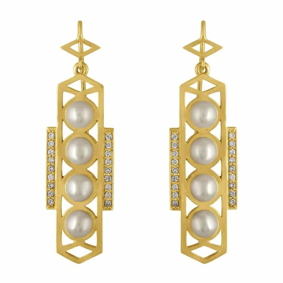Amy Glaswand geometric diamond and pearl earrings in 18 karat gold, 2016