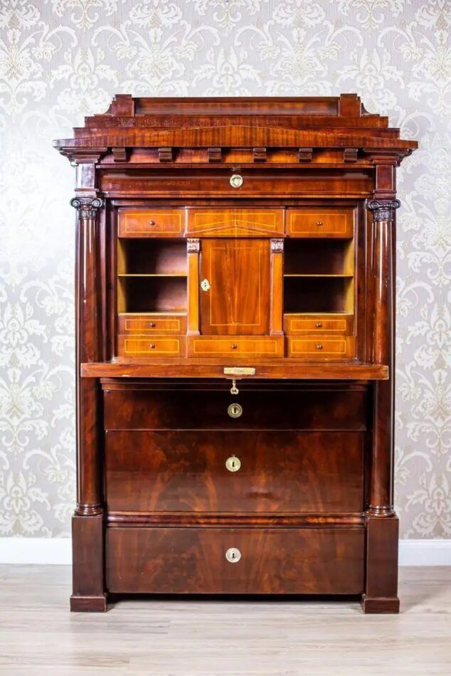 Biedermeier secretary desk with mahogany veneer, ca. 1840