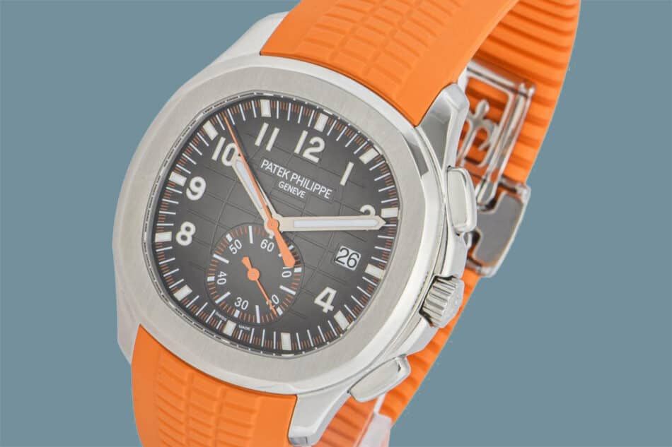 A 2021 Patek Philippe Aquanaut  Chronograph ref. 5968A-001 with an orange strap, offered by WatchCentre on 1stDibs