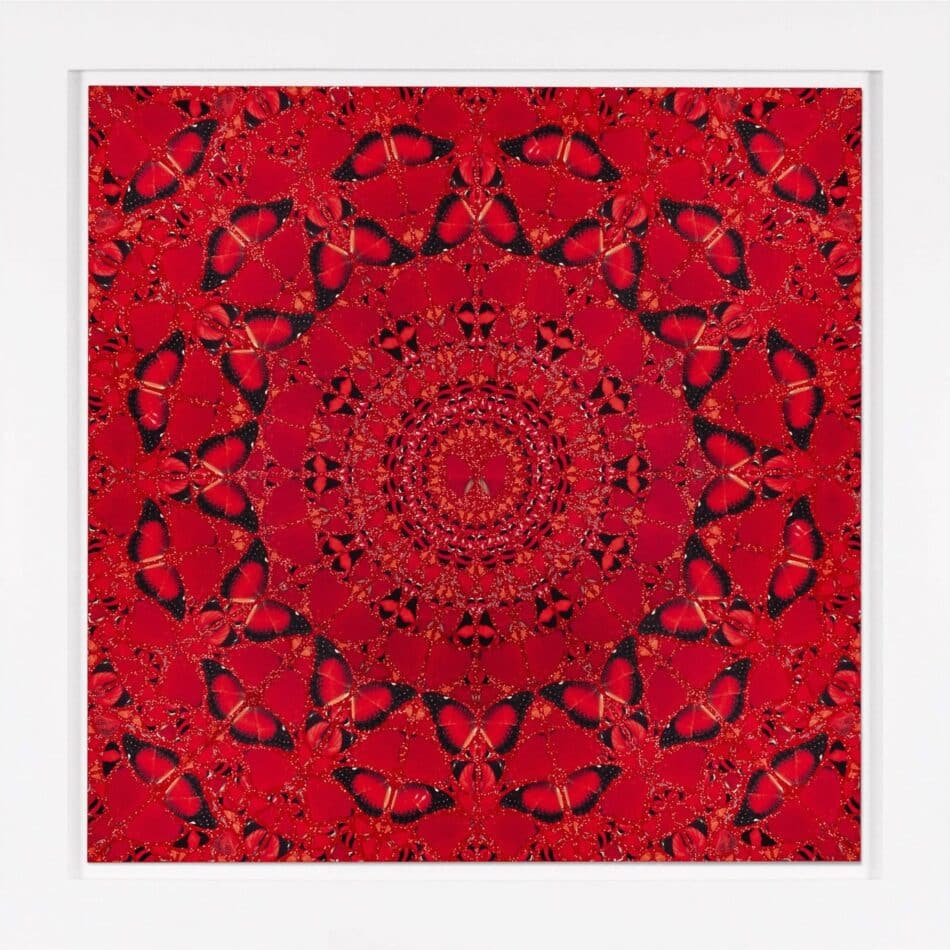 British artist Damien Hirst’s 2022 giclée print Suiko, depicting an arrangement of red-and-black butterfly wings on a red glitter background