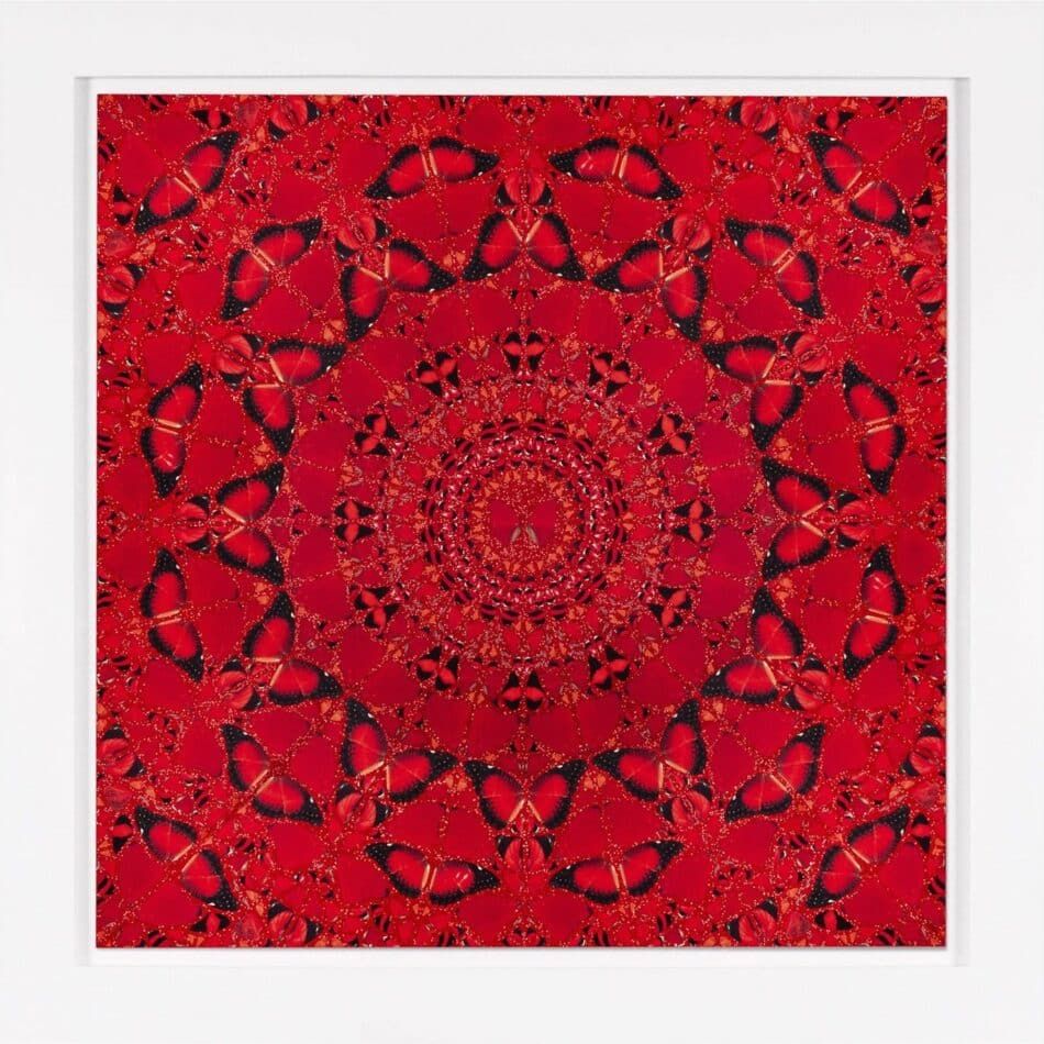 British artist Damien Hirst’s 2022 giclée print Suiko, depicting an arrangement of red-and-black butterfly wings on a red glitter background