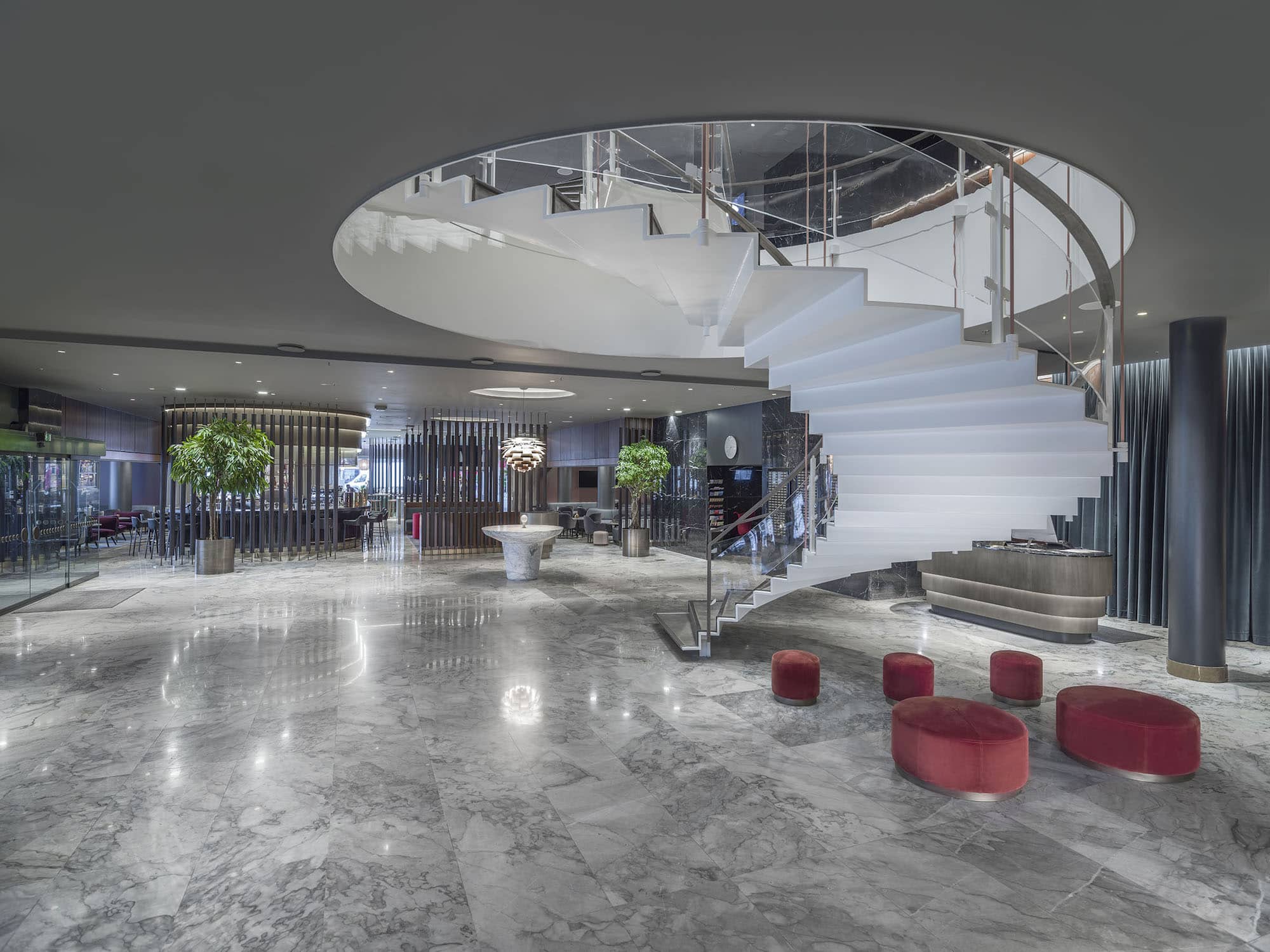 The lobby of the Radisson Blu Royal Hotel in Copenhagen designed by Arne Jacobsen
