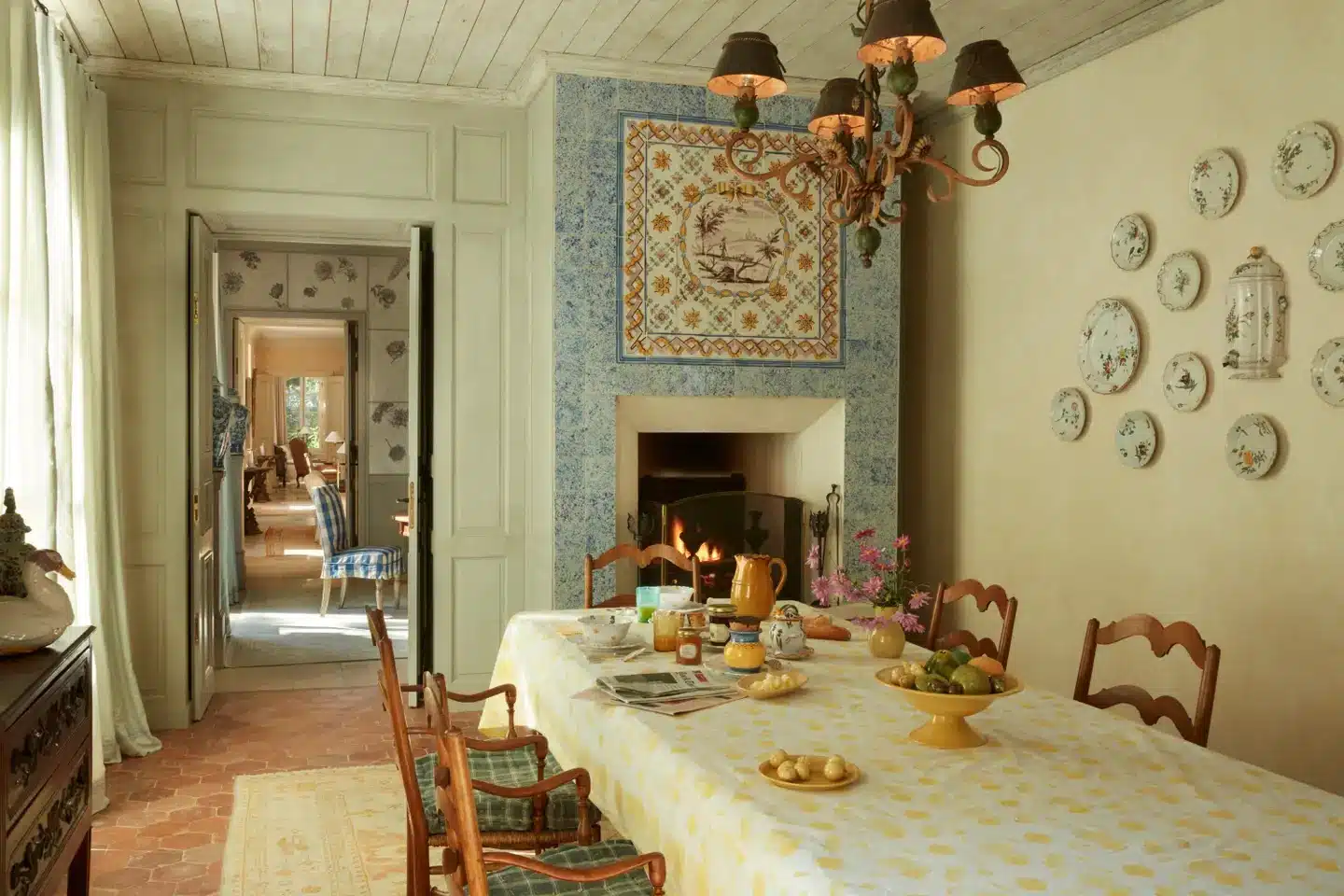Bunny Williams used azulejos for a fireplace of a French farmhouse
