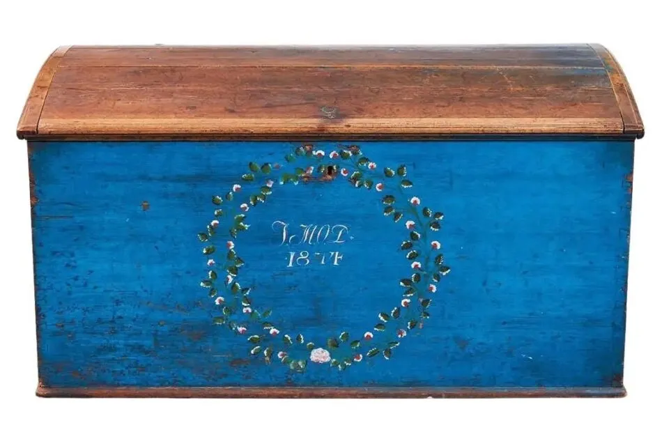 Scandinavian blue painted marriage chest, 1874