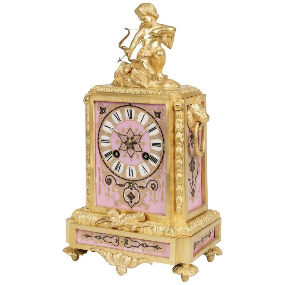 Pink and gold Japy Frères porcelain clock