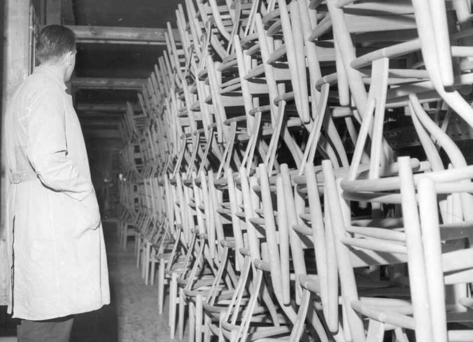 Archival photographs of CH24 Wishbone chairs at the Carl Hansen & Søn factory