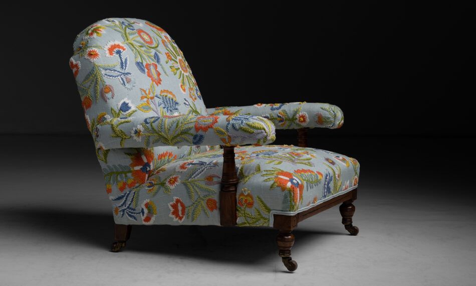 Azoulay sees embroideries on the rise, like the Pierre Frey fabric used to reupholster this Howard Style Open Arm Library Chair in Embroidered Fabric by Pierre Frey, ca.1890 Howard-style library chair from England.