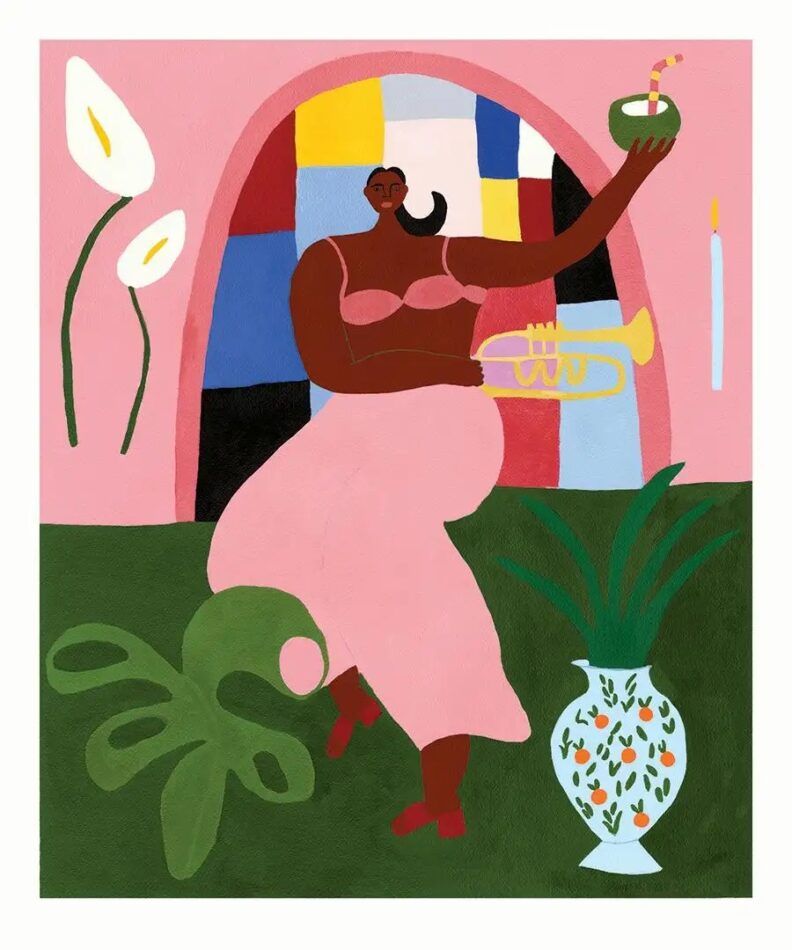 artwork with woman holding a coconut surrounded by blocks of color