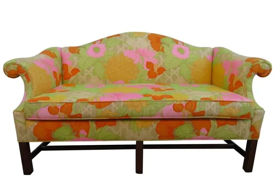 Flowered Linen Chippendale Style Camelback Loveseat Sofa, 1970s