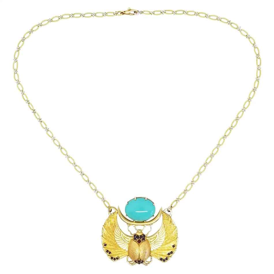 Castor Jewelry 18-karat yellow gold scarab necklace set with a Sleeping Beauty turquoise, 2016
