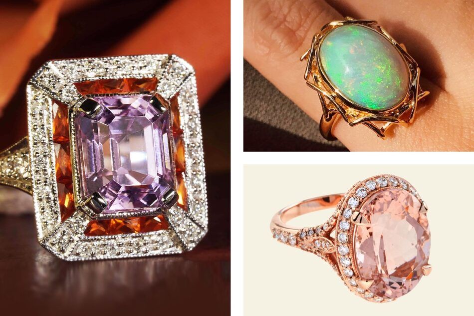 Collage of Lilly M. jewelry featuring, clockwise from left, a kunzite ring, an opal ring and a morganite ring