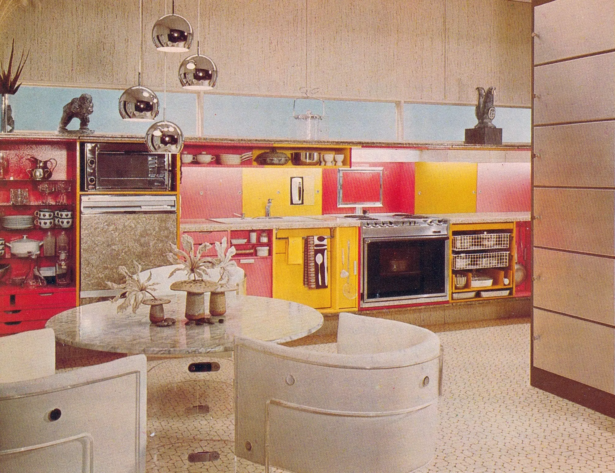Techicolor kitchen fantasia featured in the 1975 Better Homes Decorating Book.
