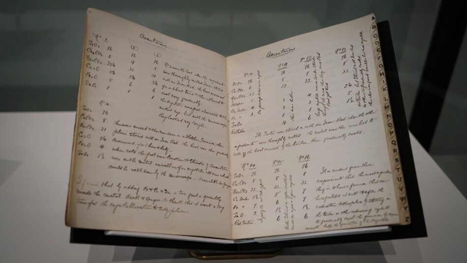 A batch book by glassmaker Frederick Carder in the exhibition "Brilliant Color" at the Corning Museum of Glass