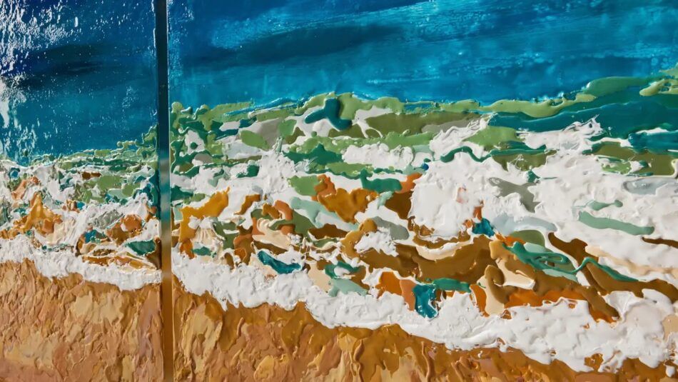 A closeup of Gaetano Pesce's Paravento Risacca (Undertow Screen), showing a shoreline painted with blue, green, white and brown resin