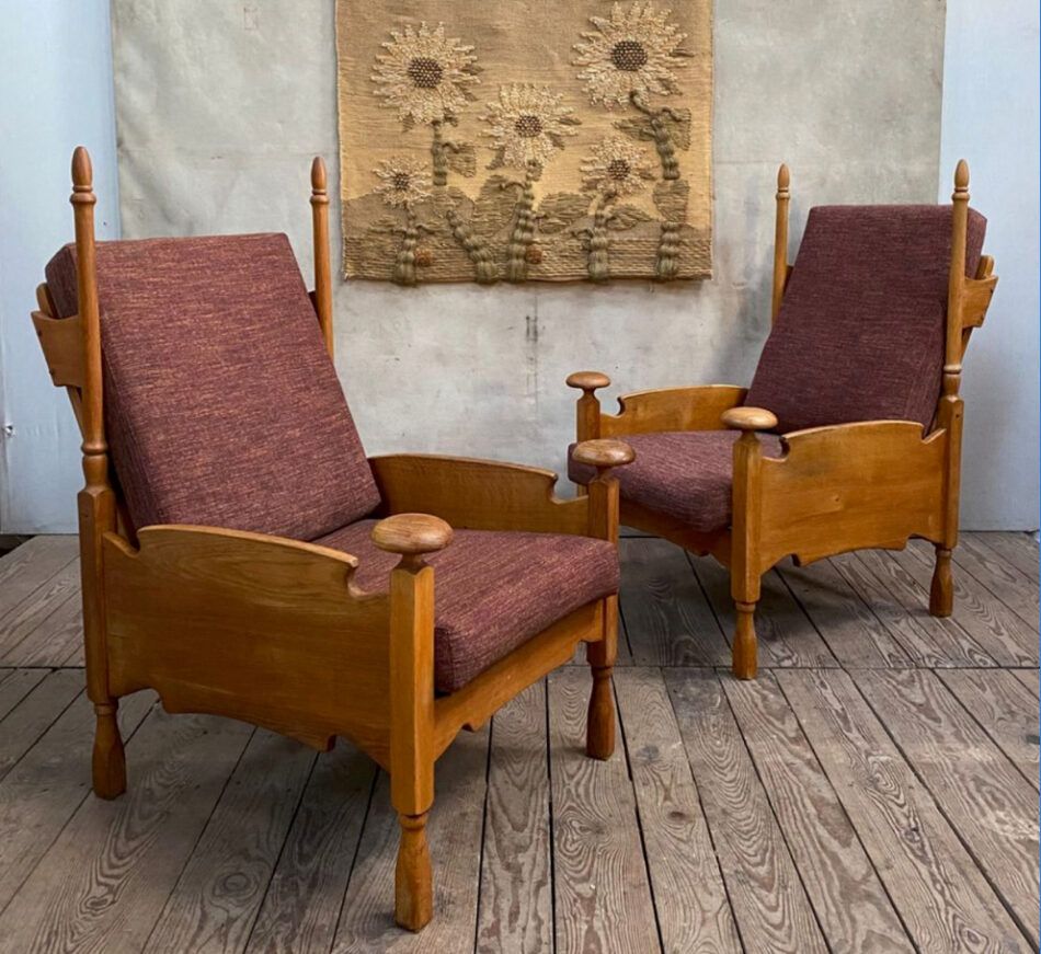 Before: A pair of Arts & Crafts oak chairs from France, ca. 1910.