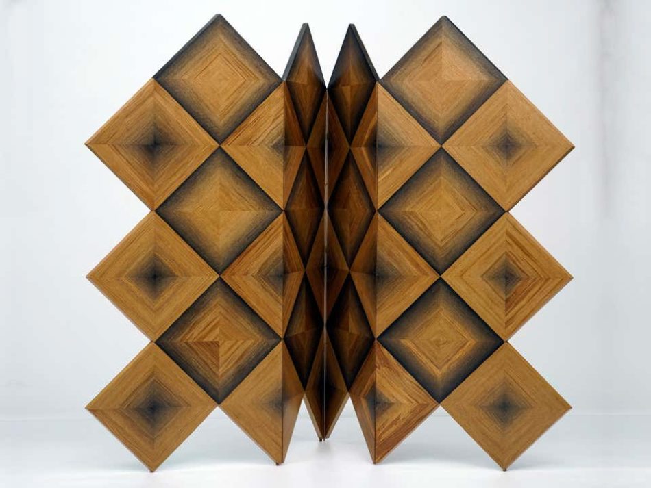 Thomas Newman Studio's Infinity Square screen is made from 1,200-year-old bog oak.