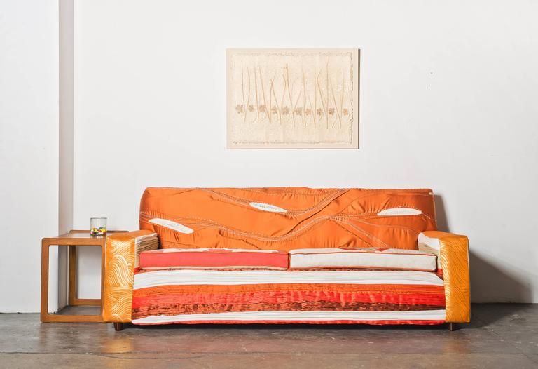 Maki Yamamoto and Melissa Dougherty collaborated on the Saidai sofa using a variety of fabric manipulation techniques on a 1960s frame.
