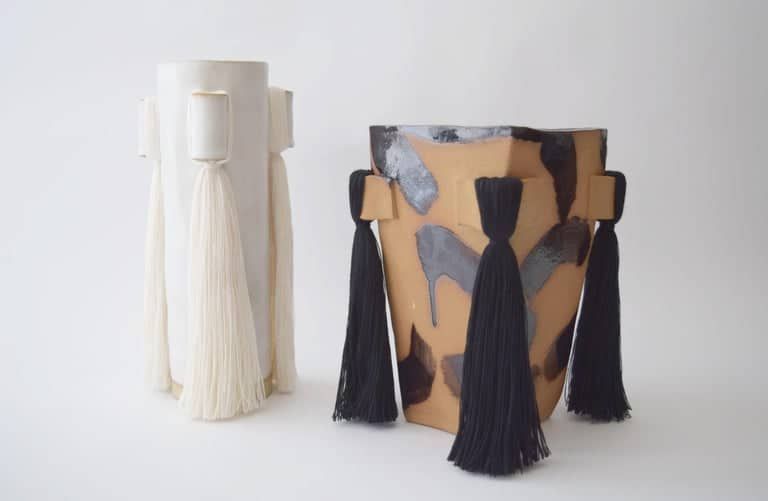 Karen Gayle Tinney Vase #607 and ceramic vase with black brushstrokes.