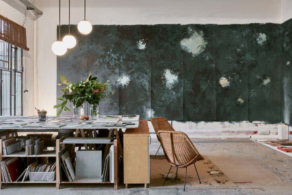 Unfinished hand-painted wallpaper panels in Pictalab's Milan studio.