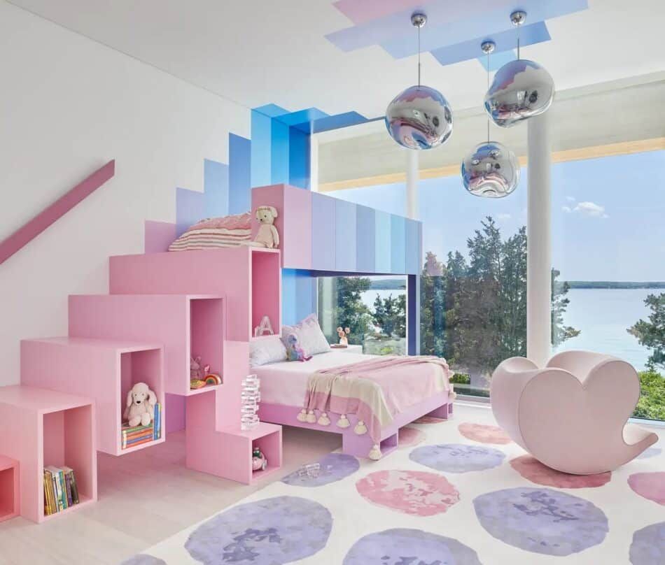 Pink-and-blue child's bedroom in a Hamptons home designed by Daun Curry