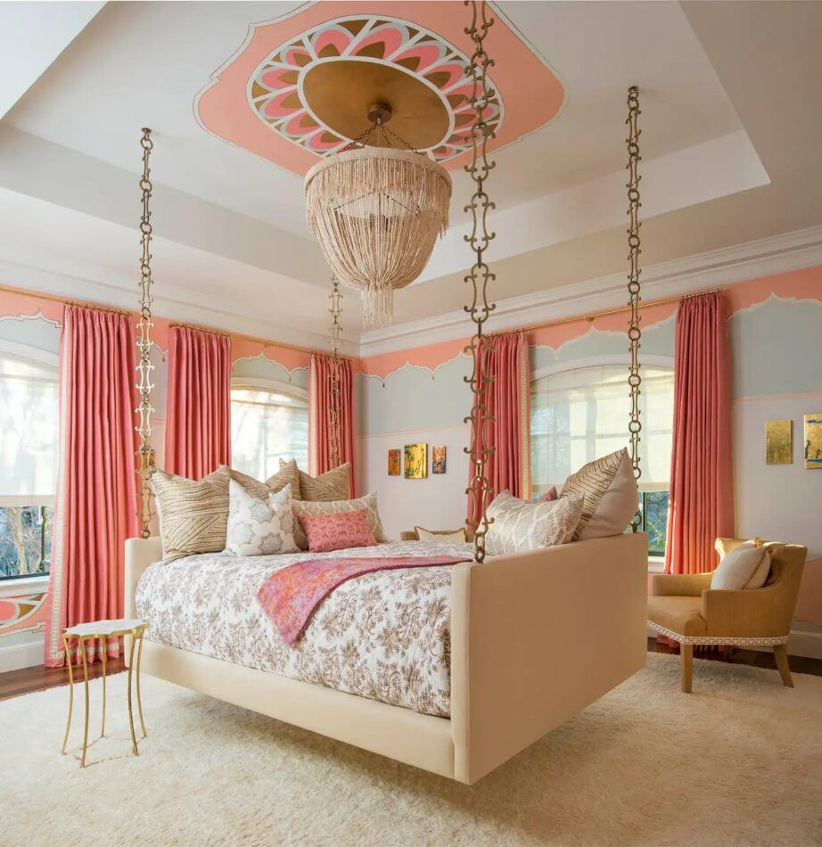 Peachy pink bedroom in a Dallas home designed by Deborah Walker