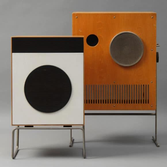 At left, a Braun L2 speaker by Dieter Rams, 1958. At right, a Braun VS 1-32 speaker by Karl Clauss Dietel and Lutz Rudolph, 1965. 
