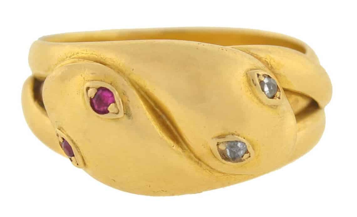 Ruby, diamond and gold double snake ring, ca. 1880