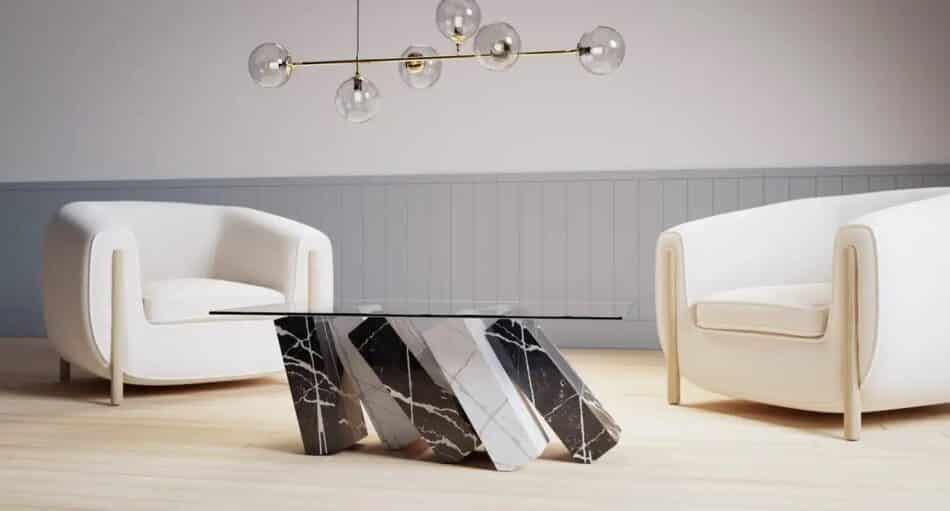 Megalith coffee table between two armchairs