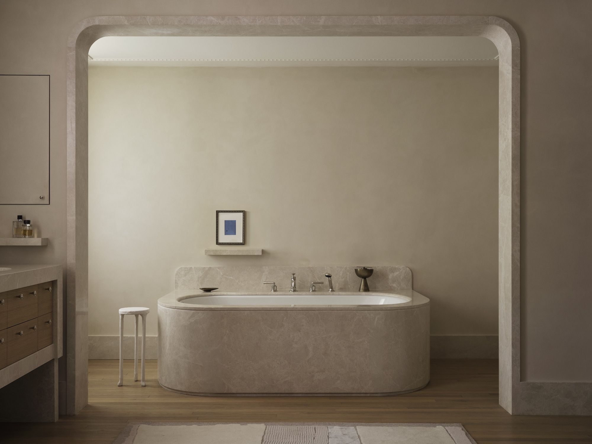 EM Design Studio marble and plaster bathroom in Toronto.