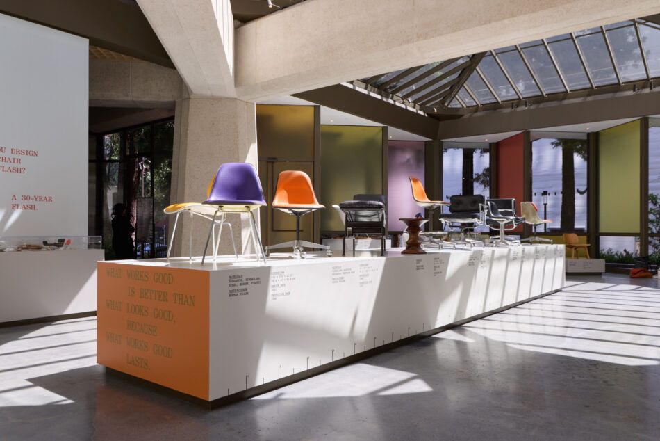 exhibition with chairs on view in the center of a room