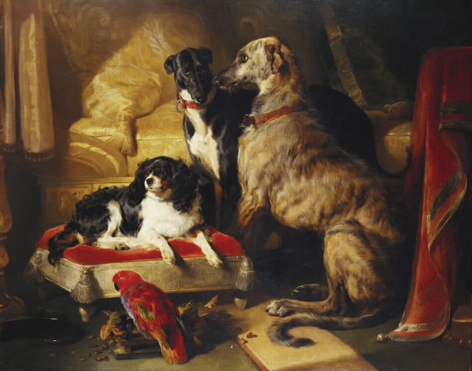 Hector, Nero and Dash with the Parrot Lory, 1838, by Edwin Landseer