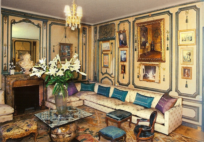 De Wolfe's private sitting room at Villa Trianon. The pillows are embroidered with her aphorisms: "Never explain, never complain" and "I believe in optimism and plenty of white paint!"