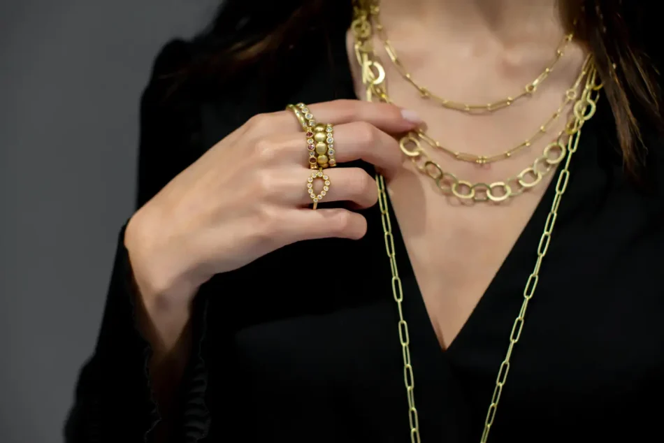 Faye Kim ring stacks and necklaces