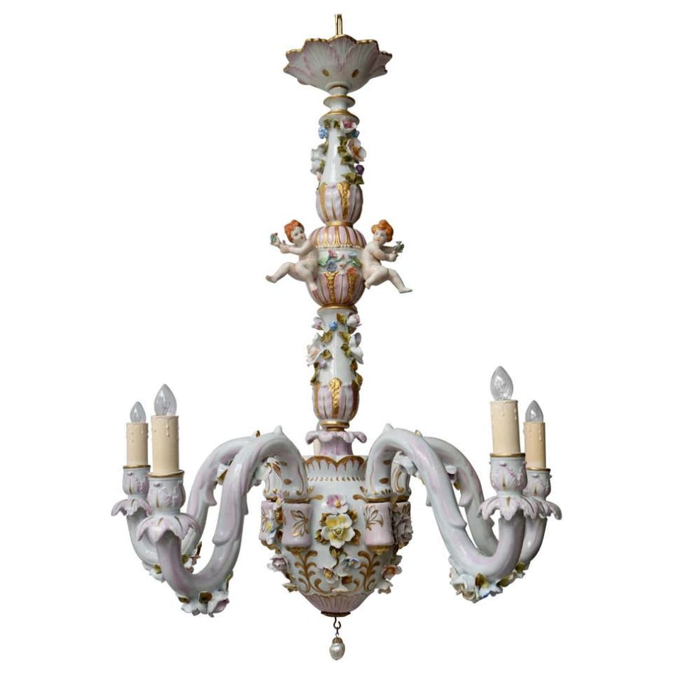Capodimonte porcelain five-light chandelier, mid-20th century