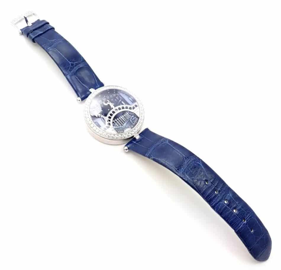 Van Cleef and Arpels Pont des Amoureux watch in white gold with diamond bezel and blue alligator strap
